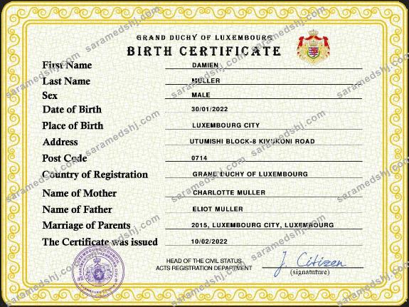 Luxembourg vital record birth certificate PSD template